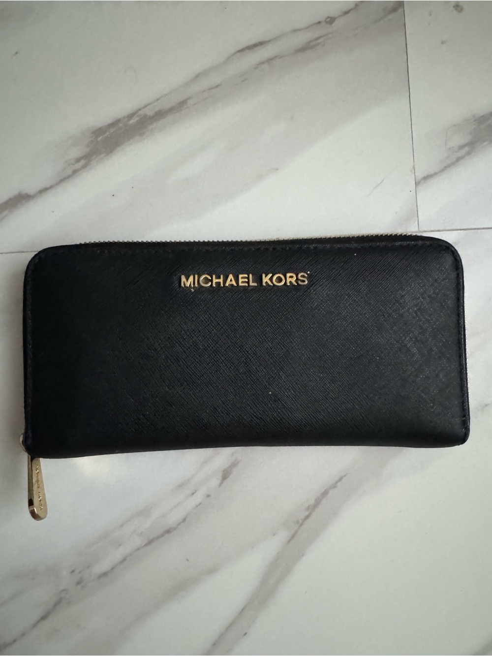 Michael Kors Black Leather Zip Wallet with Gold Hardware